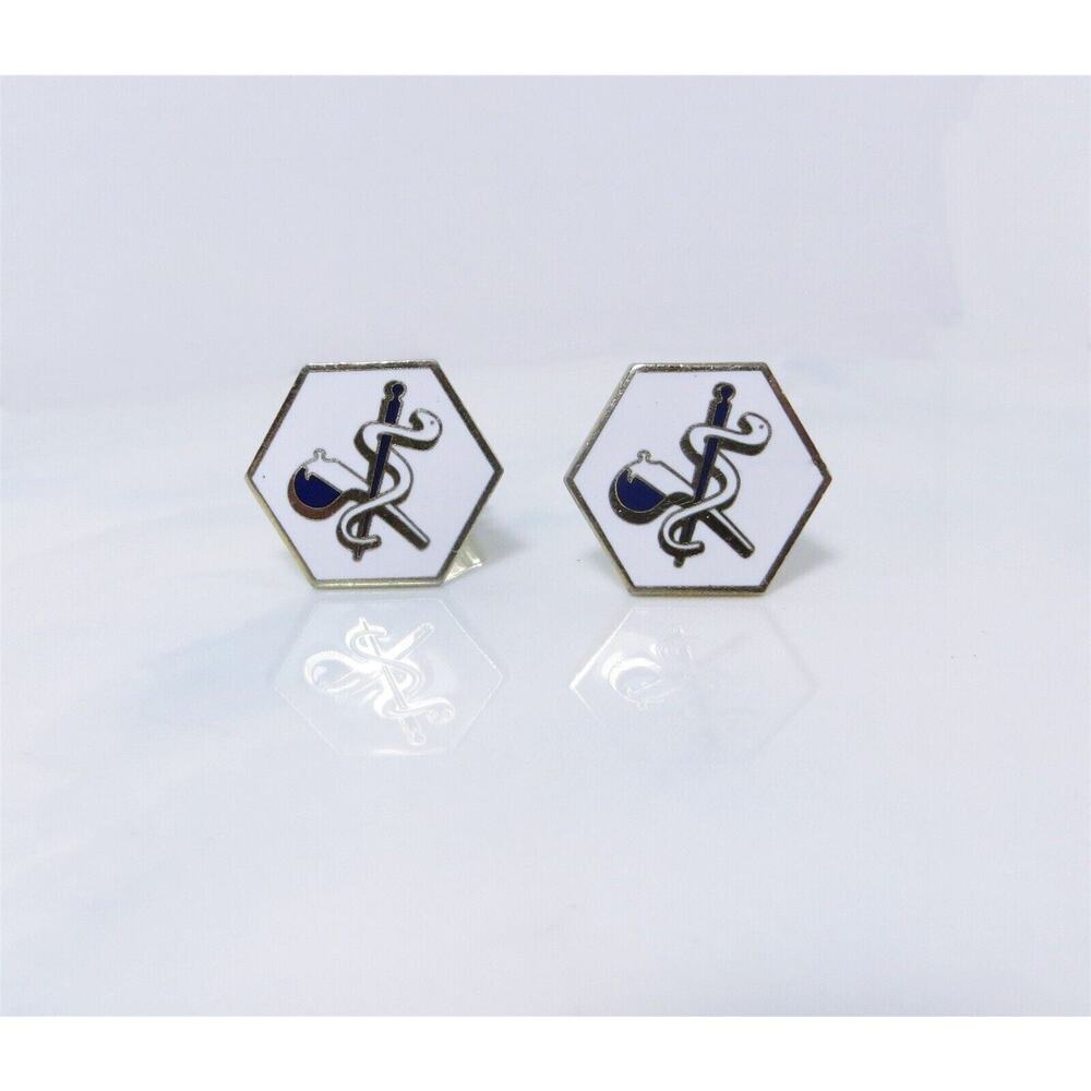 Vintage Estate Gold Plated Caduceus Blue & White Enamel Cuff Link Set